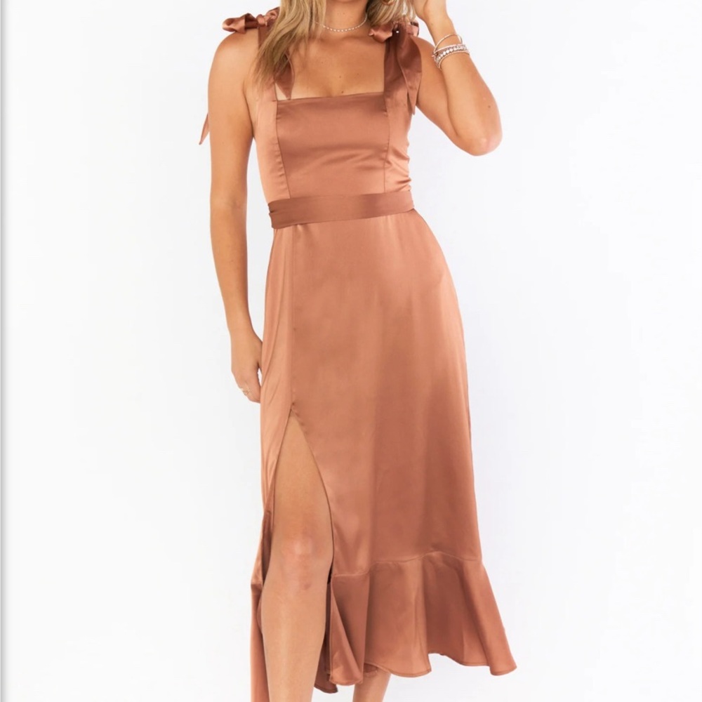 Show Me Your MuMu Claire Midi Dress in Copper Luxe Satin